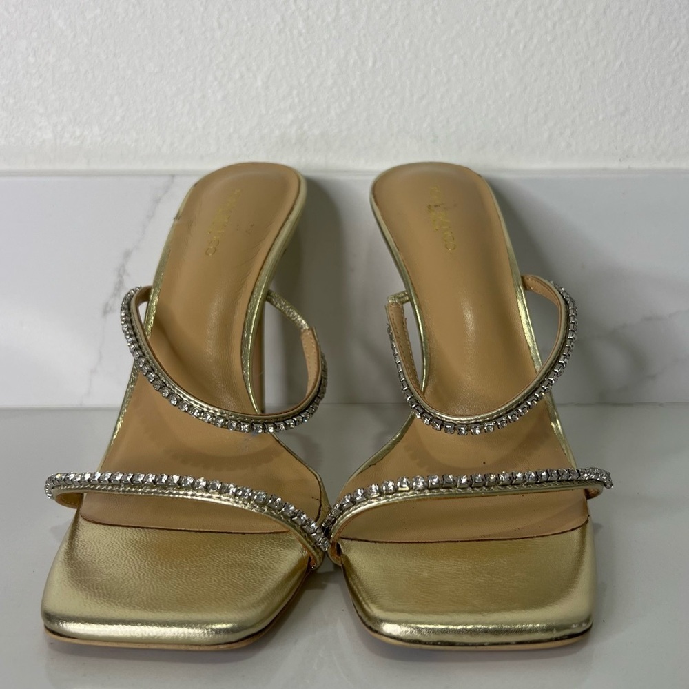 Tony Bianco Metallic Sandal Nappa Leather Gold Rhinestone Square Toe Sz 7.5